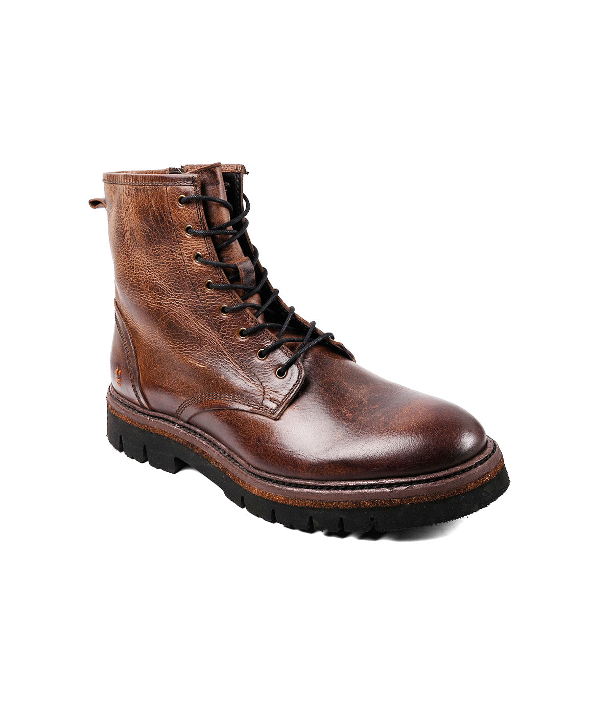 
                  
                    The Roan Duty is a men’s brown leather lace-up boot with a textured finish, black laces, padded insole, and thick black rubber sole, shown on a white background.
                  
                
