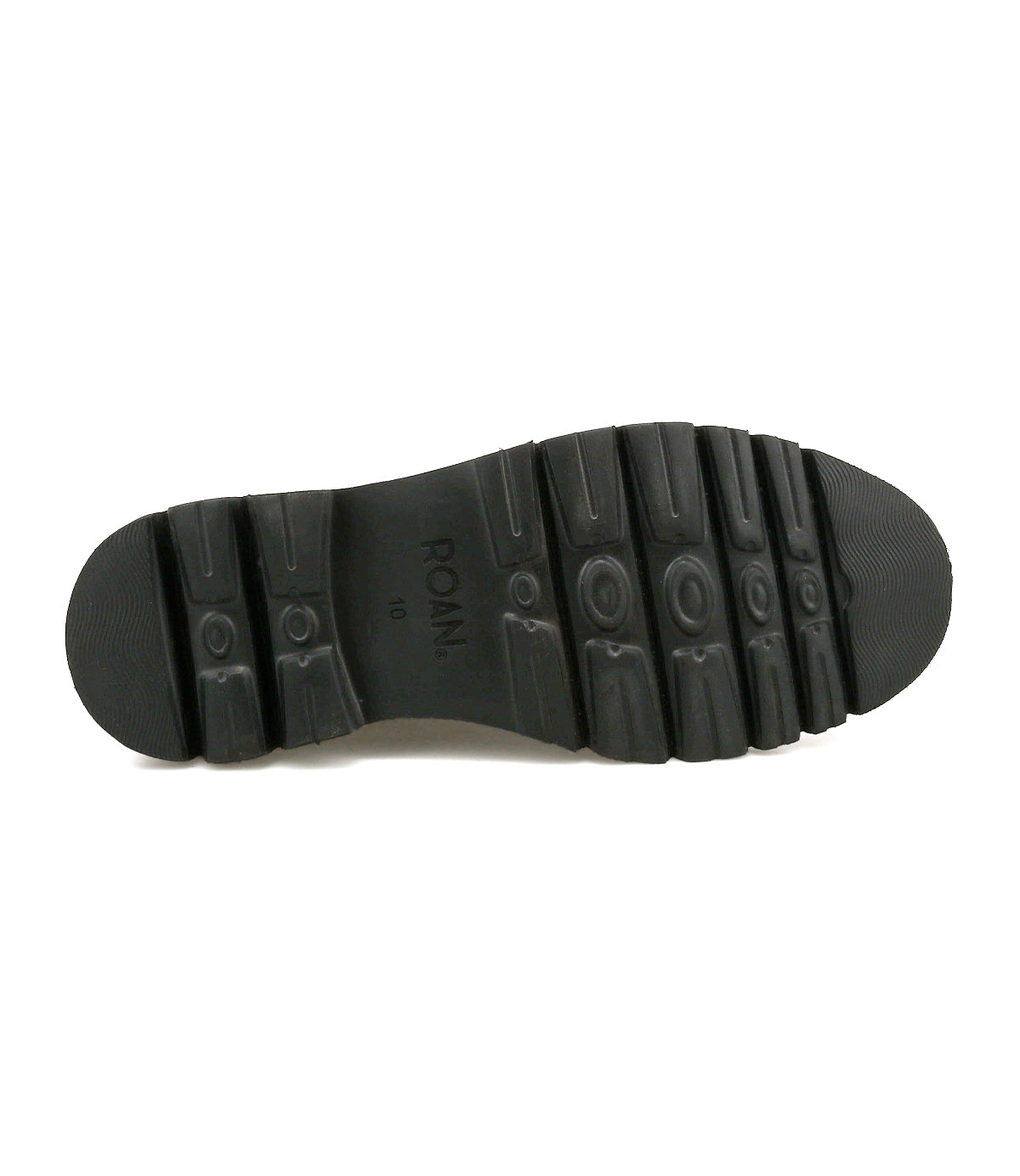 
                  
                    The image shows the black rubber outsole of Roan's Duty suede boot, featuring grooves and raised sections for traction. The word "ROAN" and the size "10" are imprinted on the sole.
                  
                