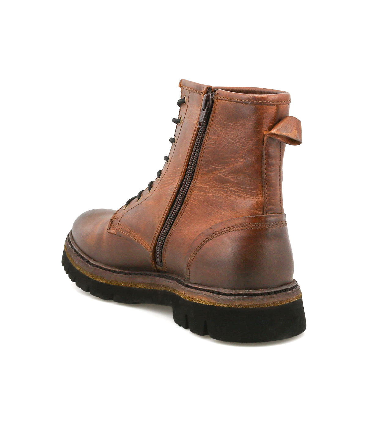 
                  
                    The Roan Duty is a brown leather lace-up boot featuring a side zipper, pull tab, black rubber sole, and padded insole, shown from the rear.
                  
                