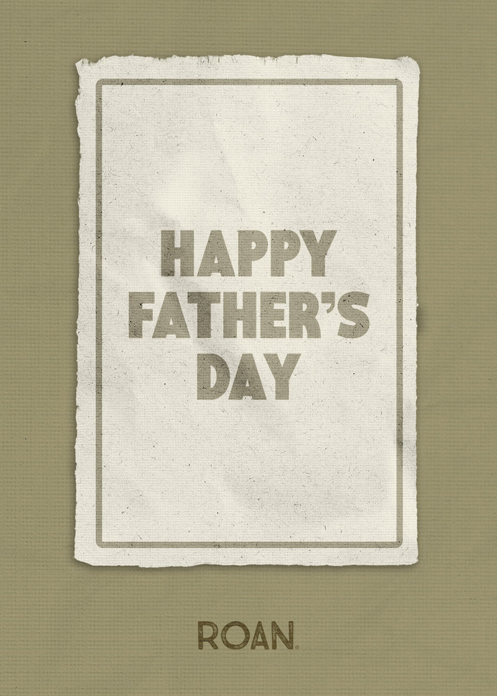 The EGC-RMD3 Roan eGift card features "HAPPY FATHER'S DAY" in bold and "ROAN." below on a khaki background—ideal for online gifting at roanfootwear.com.