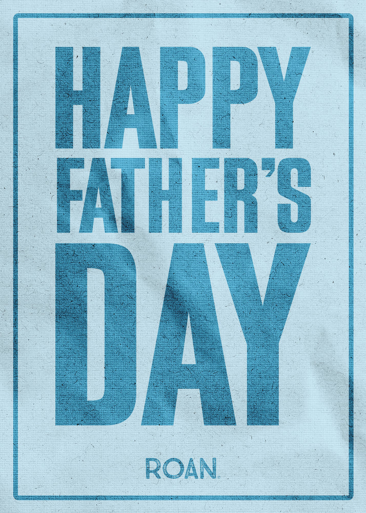 Text graphic with "HAPPY FATHER'S DAY" in large blue letters and “EGC-RMD4 by Roan” plus “roanfootwear.com” in smaller text at the bottom, on a textured light blue background.