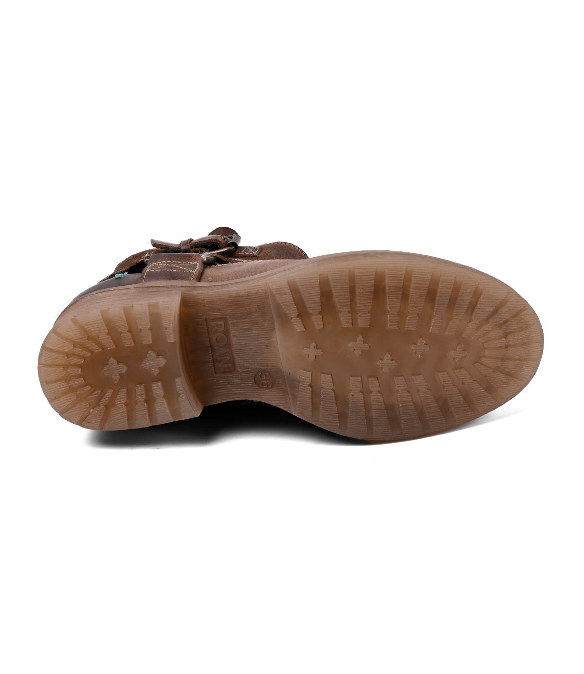 
                  
                    The image shows the bottom view of the Flair mid-calf leather boot by Roan, featuring a brown color with a textured rubber sole and visible tread patterns.
                  
                