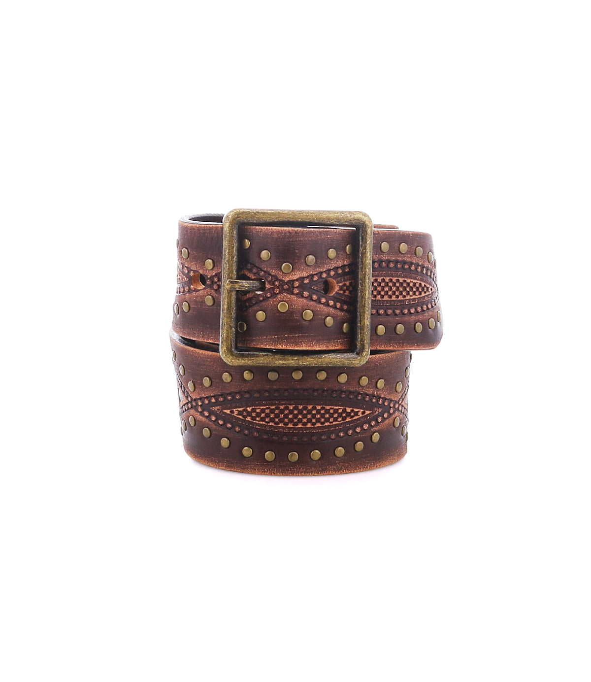 Roan’s Flintrow is a rugged leather belt with an antique brass buckle, decorative stitching, and stud detailing, shown rolled up against a white background.