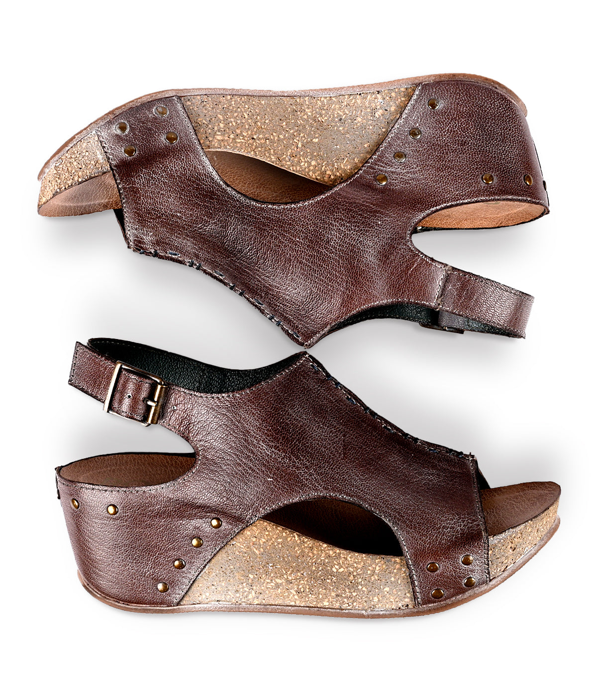 
                  
                    A pair of brown full-grain leather wedge sandals with glitter details and adjustable straps, viewed from above on a white background by Roan Fortnight.
                  
                