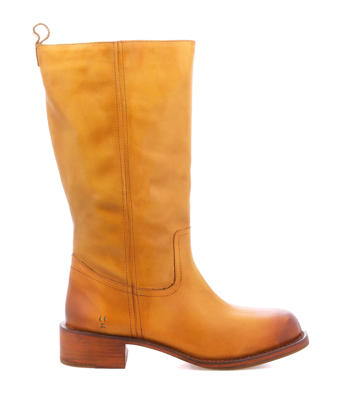
                  
                    The Roan Froe is a tan full-grain leather mid-calf boot featuring a low stacked heel and round toe, displayed in side profile against a white background.
                  
                