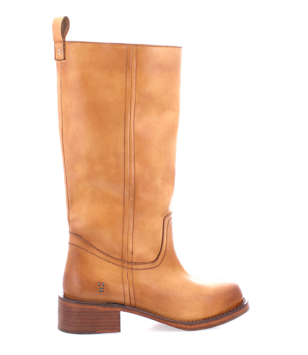 The Roan Froe is a tan full-grain leather mid-calf boot with western stitching, a low stacked heel, and a pull tab, shown in a side view.