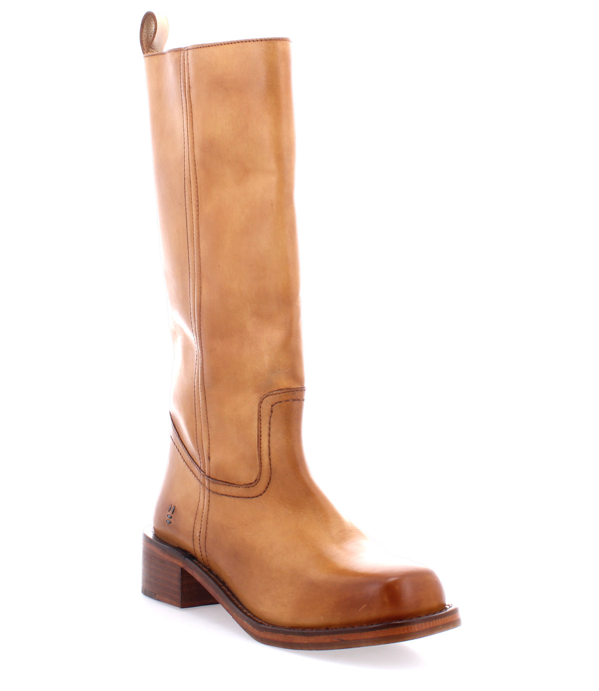 
                  
                    The Roan Froe is a tan full-grain leather knee-high boot with a low block heel and minimal stitching, displayed at a slight angle on a white background.
                  
                
