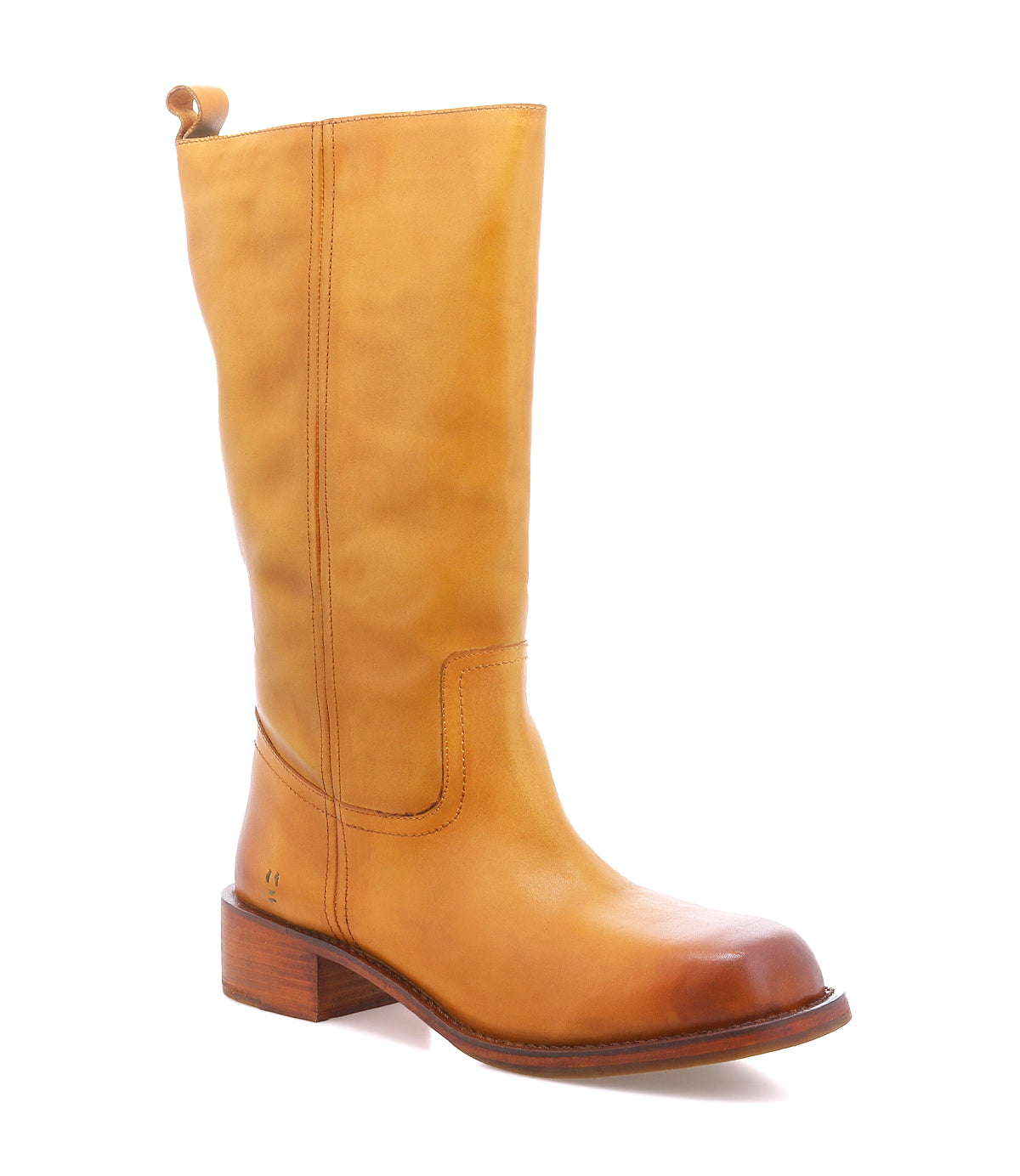 
                  
                    The Froe boot by Roan is a tall, full-grain leather style featuring a mid-height heel, rounded toe, side stitching details, and a pull tab at the top, shown against a white background.
                  
                