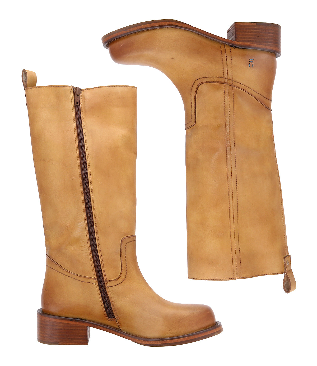
                  
                    Roan Froe: Tan full-grain leather knee-high boots with western stitching, side zippers, low wooden heels, and round toes, displayed from side and bottom views.
                  
                