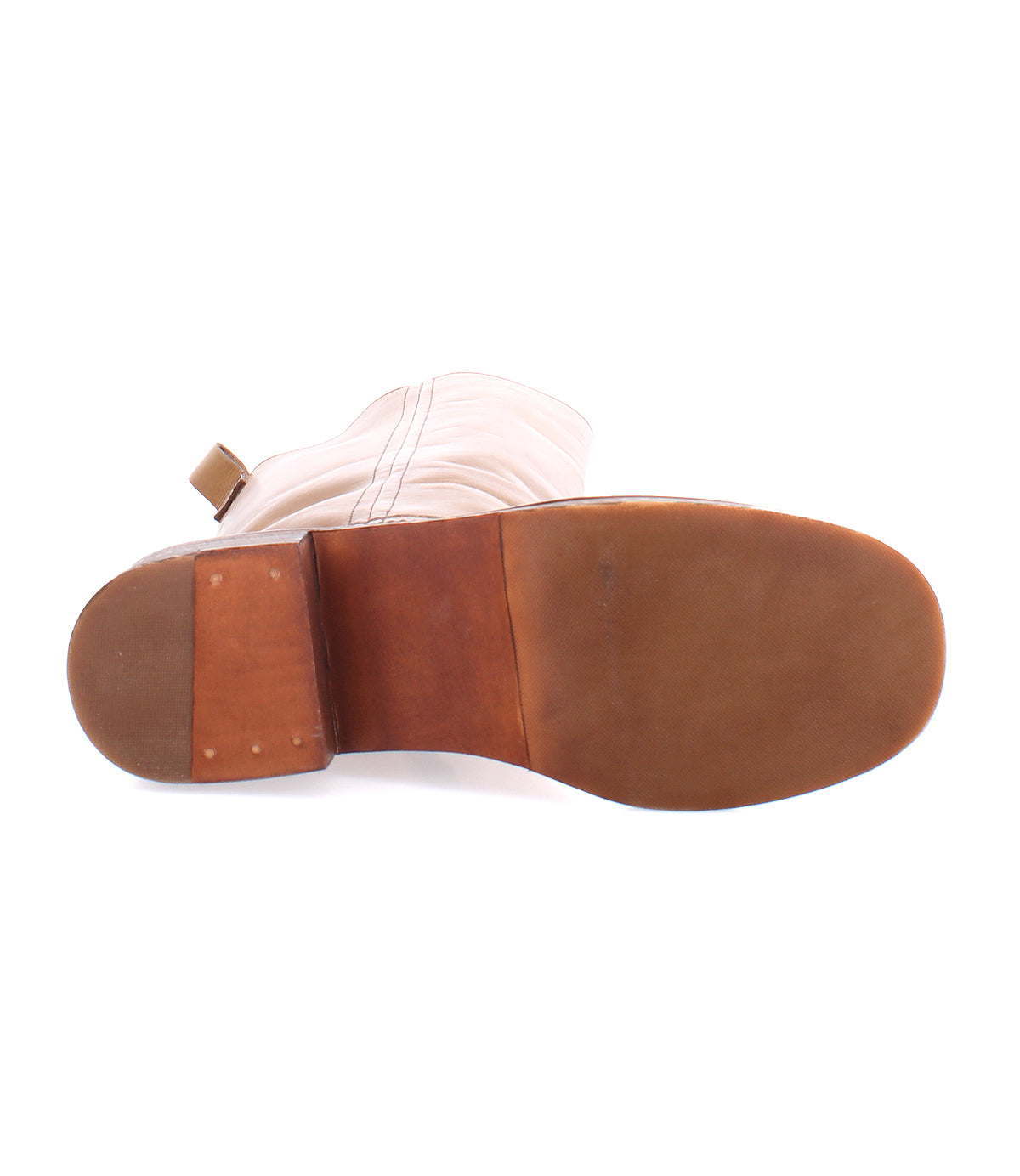 
                  
                    The image shows the bottom view of a Roan Froe boot, a single mid-calf style in tan full-grain leather with a smooth sole and square wooden heel.
                  
                