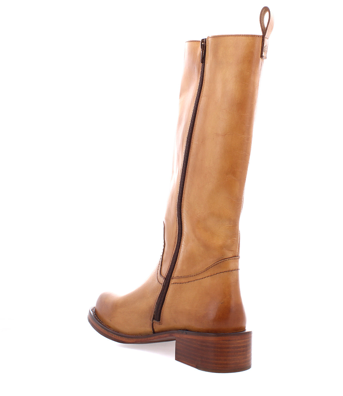 
                  
                    Side view of the Roan Froe mid-calf boot in full-grain leather, with western stitching, a wooden block heel, and a visible zipper.
                  
                