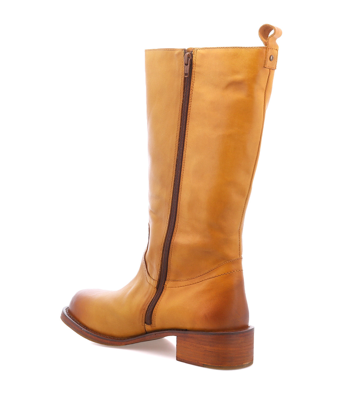 
                  
                    The Roan Froe is a tan full-grain leather mid-calf boot featuring a side zipper, rounded toe, block heel, pull tab, and visible stitching, displayed on a white background.
                  
                