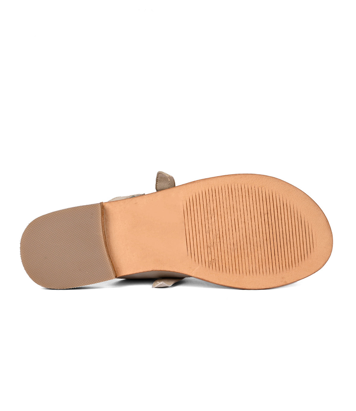
                  
                    A single Grapevine tan-colored shoe with adjustable leather straps, viewed from the sole side up, by Roan.
                  
                