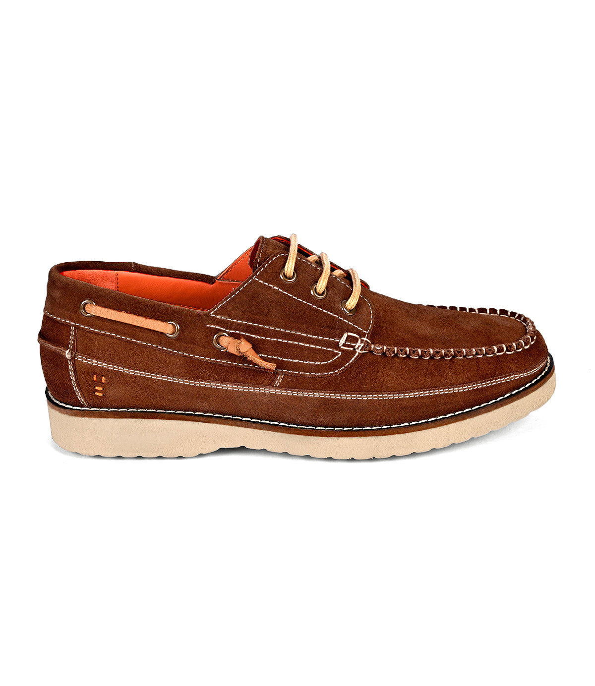 The Roan Glory is a brown suede boat shoe with white stitching, tan leather laces, cushioned footbed, and a white rubber sole. Shown in profile on a white background.
