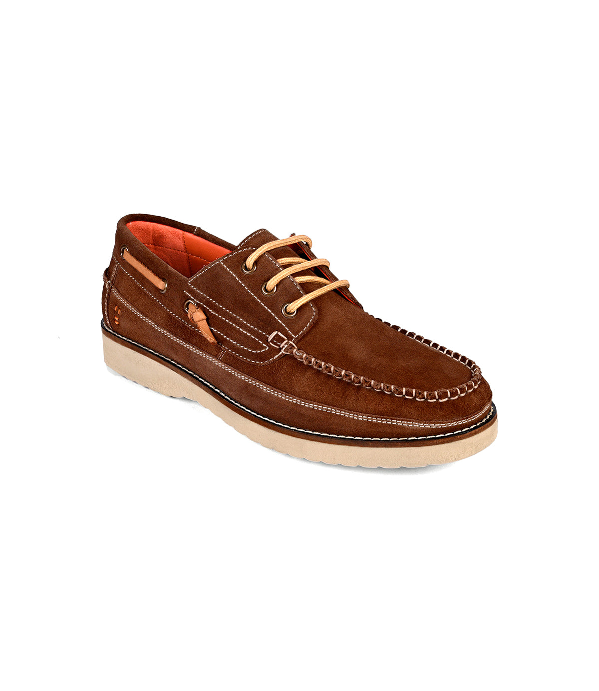 The Roan Glory is a brown suede boat shoe with tan laces, white rubber sole, visible stitching, cushioned footbed, and a classic low-top design.