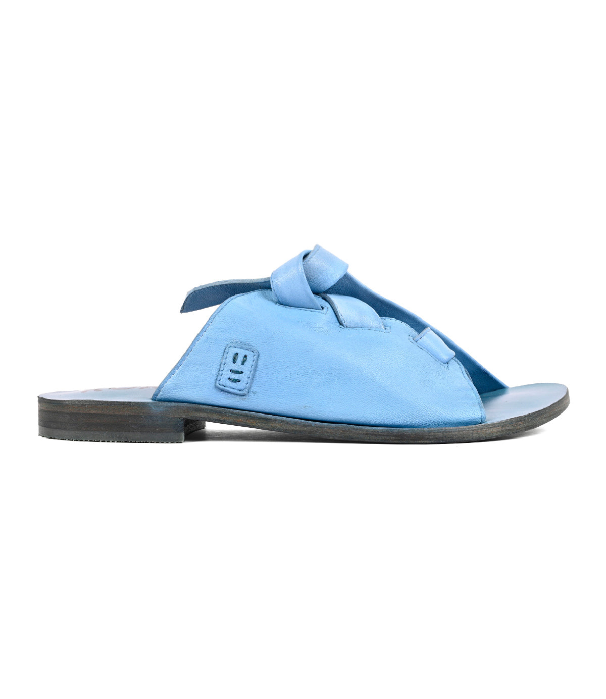 The Roan Grapevine is a blue open-toe slide sandal with a knotted upper detail, a flat black sole, and a stitched square logo near the side, blending luxury elegance with casual style.