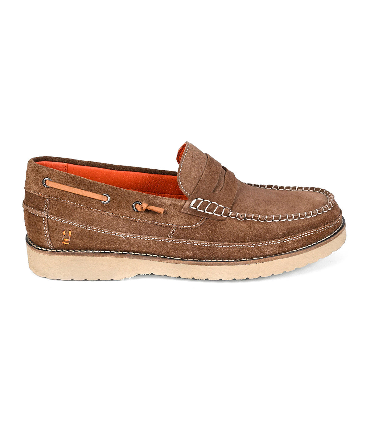 The Roan Grid is a brown suede penny loafer with white stitching, side lace detail, orange inner lining, cushioned insole, and a beige rubber sole. Shown here in side profile.