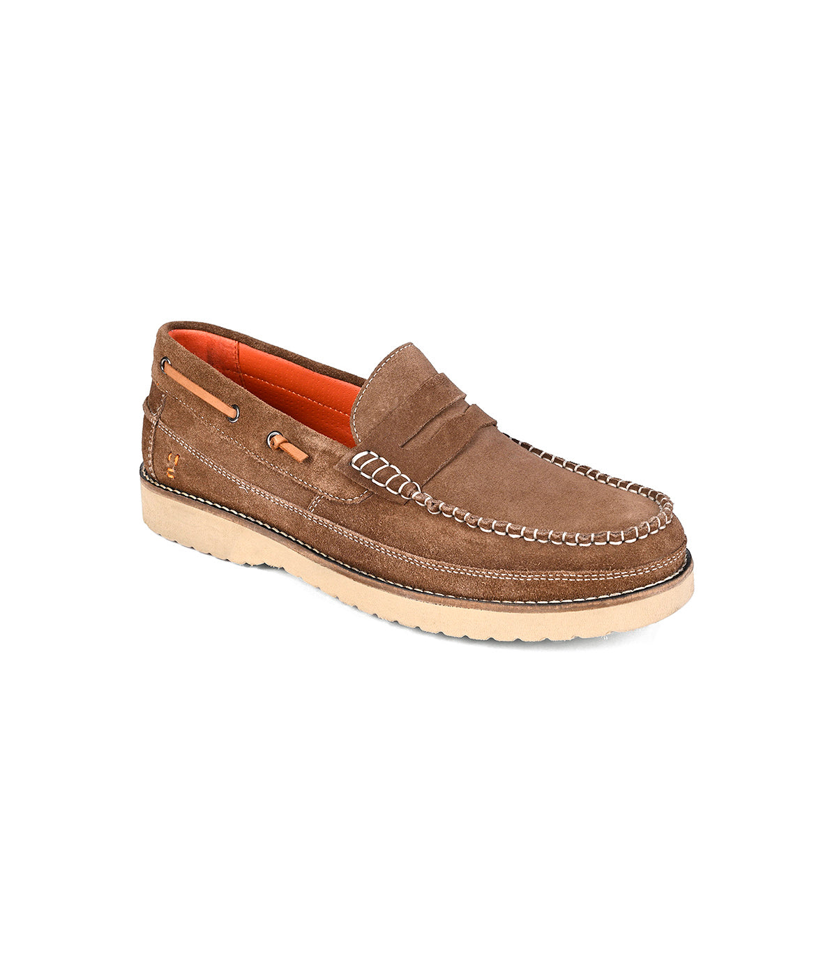 The Roan Grid is a brown suede penny loafer with white stitching, a beige sole, cushioned insole, and orange interior lining, shown on a white background.