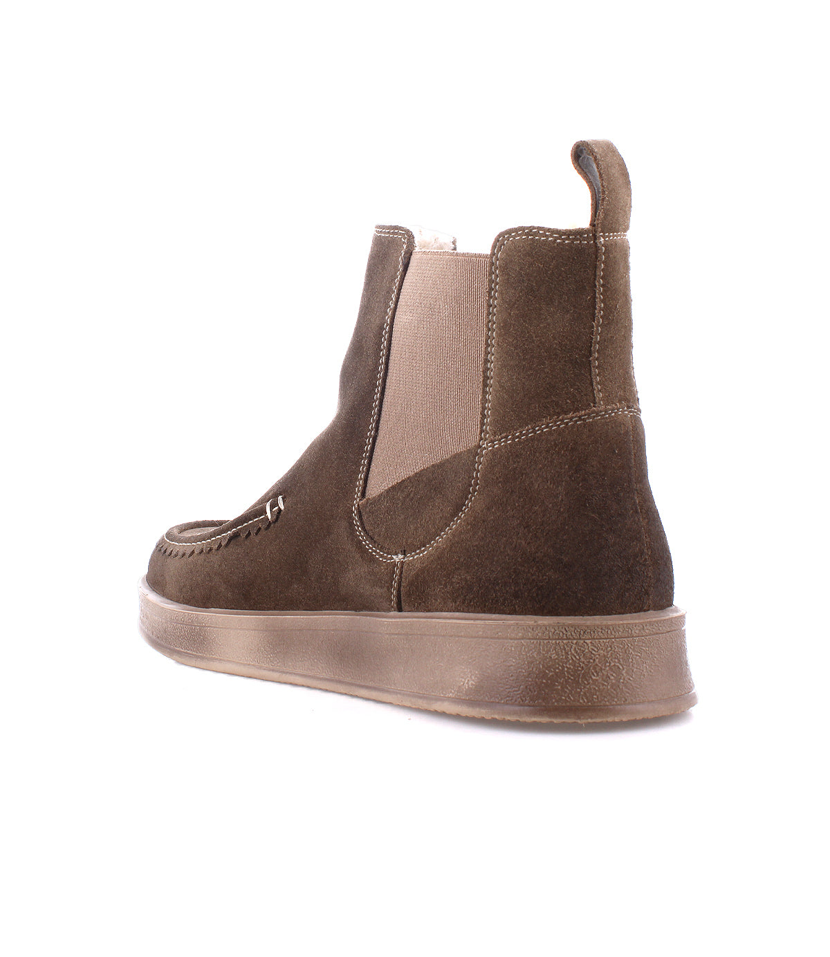 
                  
                    The Roan Heap is a brown suede slip-on boot with a rubber sole, side elastic panel, and pull tab for casual wear, shown from the back left angle on a white background.
                  
                
