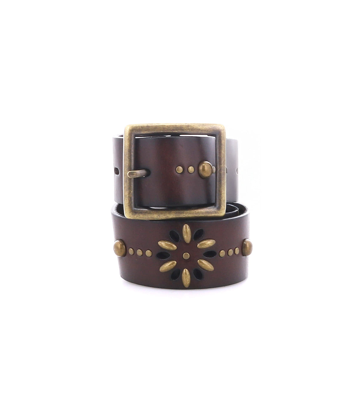 Roan Hollis brown leather strap belt featuring a rectangular brass buckle and decorative brass studs arranged in a floral pattern.