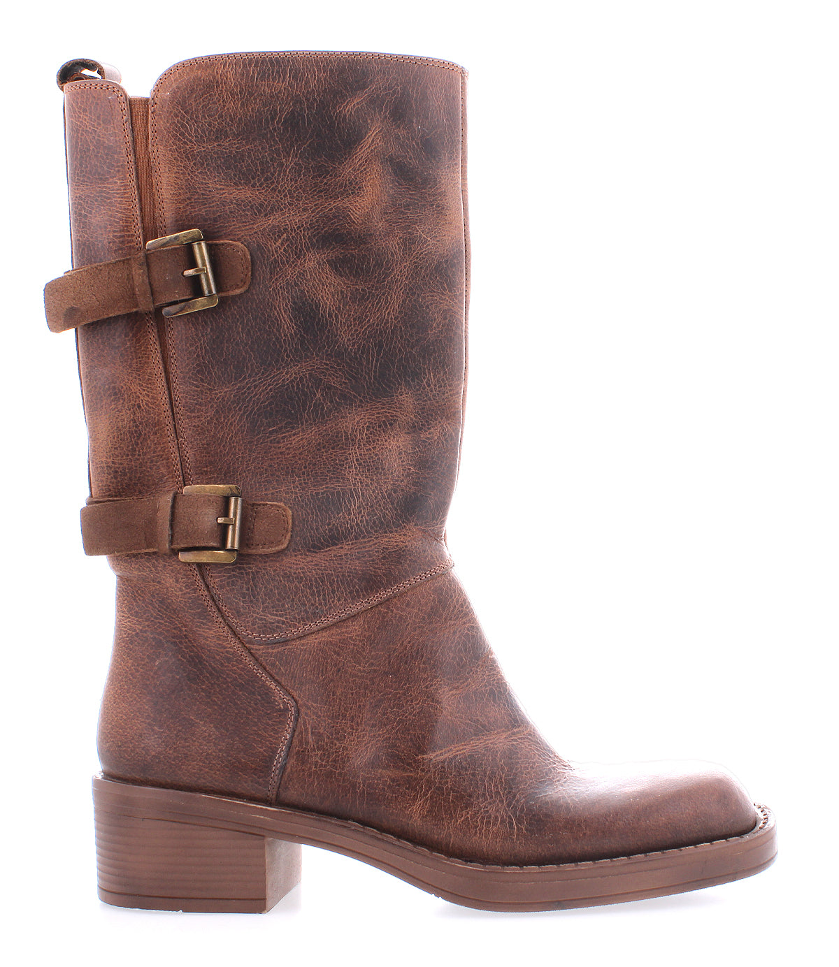 The Roan Iceberg is a moto-inspired brown distressed leather mid-calf boot with two side buckles and a block heel, displayed on a white background.