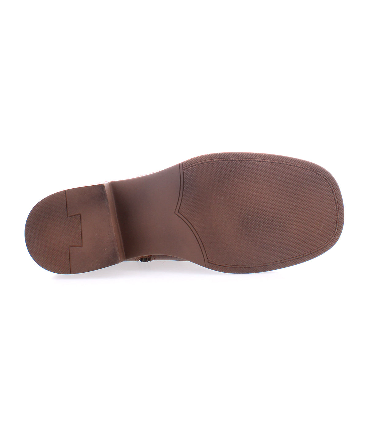 
                  
                    The image shows the brown sole of the Roan Iceberg moto-inspired mid-calf boot, featuring a textured grip and minimal tread pattern, photographed on a white background.
                  
                