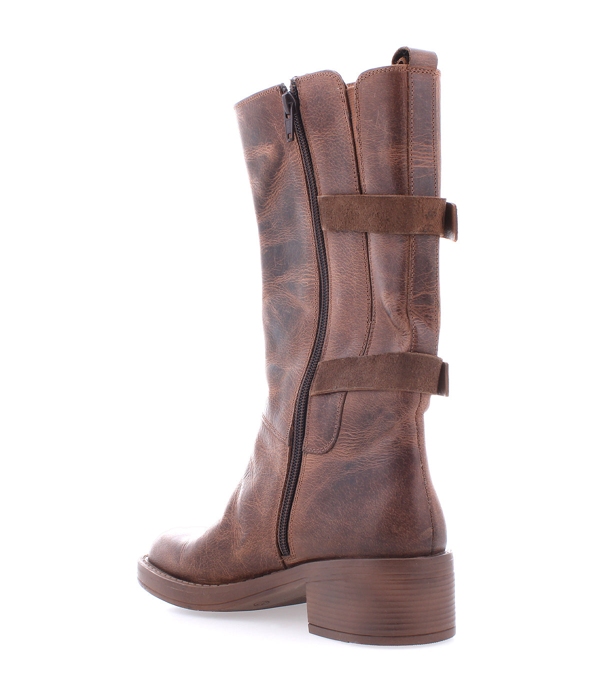
                  
                    The Roan Iceberg boot is a moto-inspired brown distressed leather mid-calf style with a side zipper, decorative straps, and a low block heel, shown against a white background.
                  
                