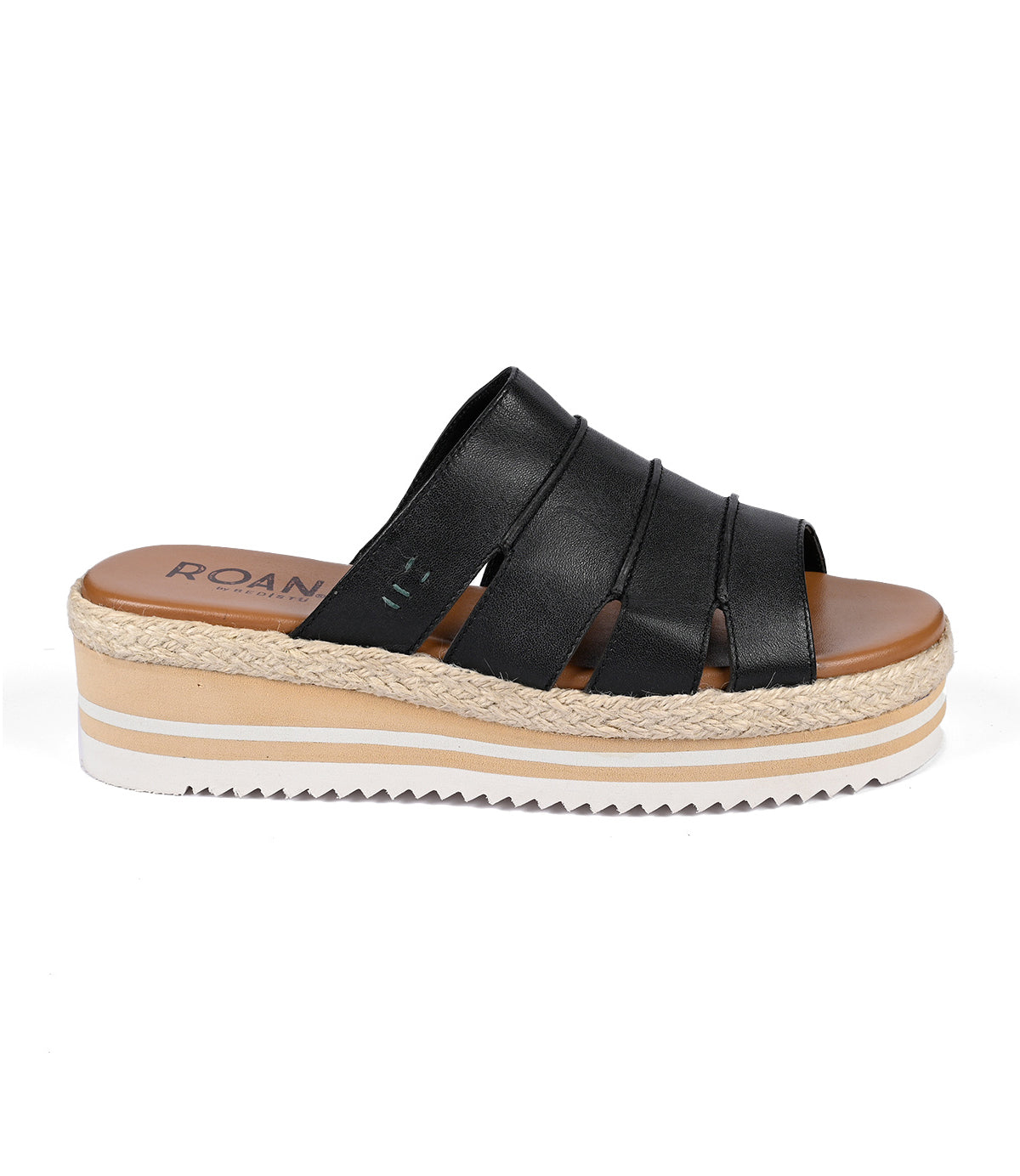 
                  
                    The Roan Incant is a black leather platform slide sandal with a tan footbed, featuring multiple straps and a thick white and tan sole adorned with braided detail, exuding boho-chic charm.
                  
                
