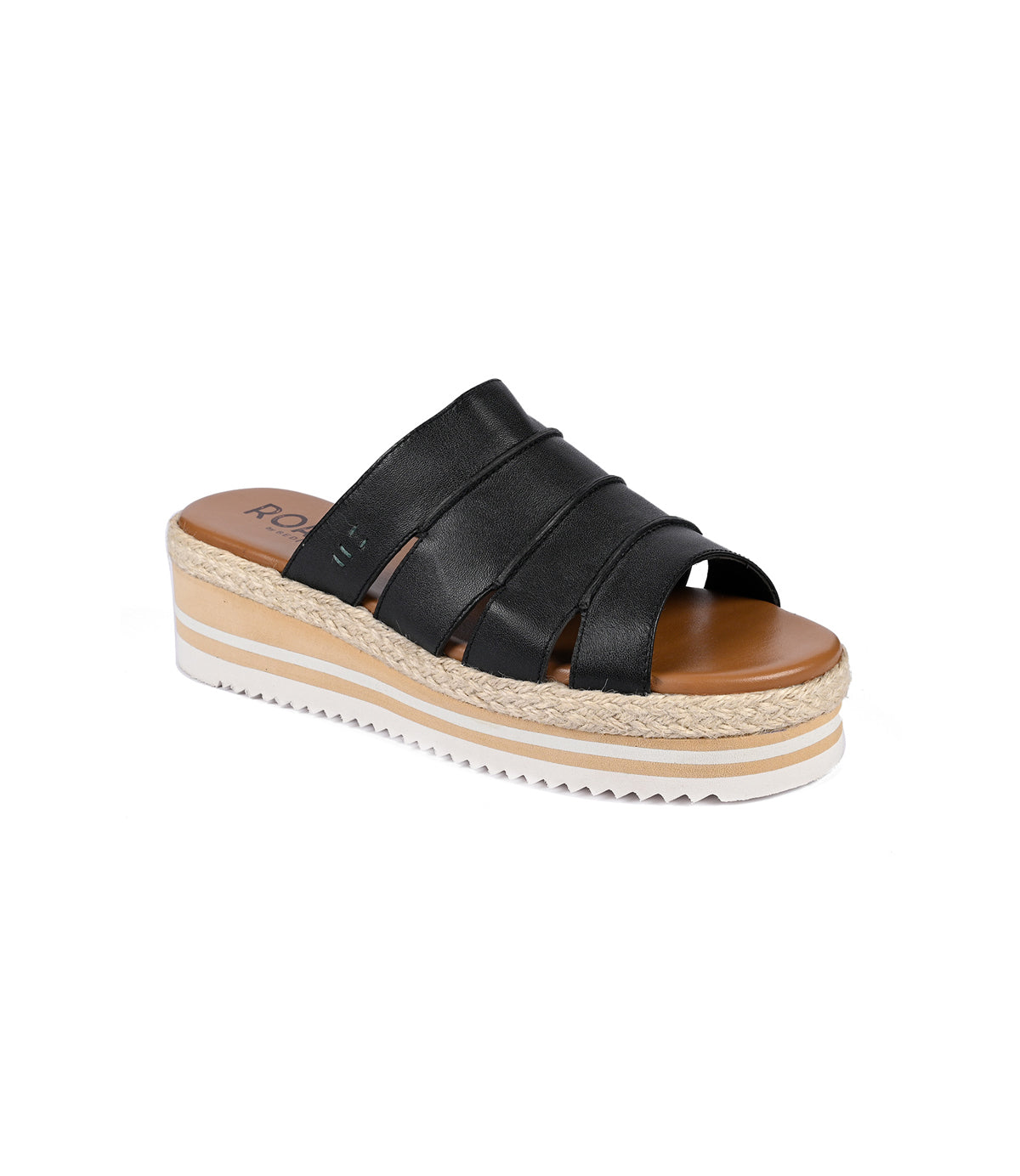 
                  
                    The Roan Incant is a black slip-on platform slide sandal with multiple straps, cushioned footbed, and boho-chic braided detail.
                  
                