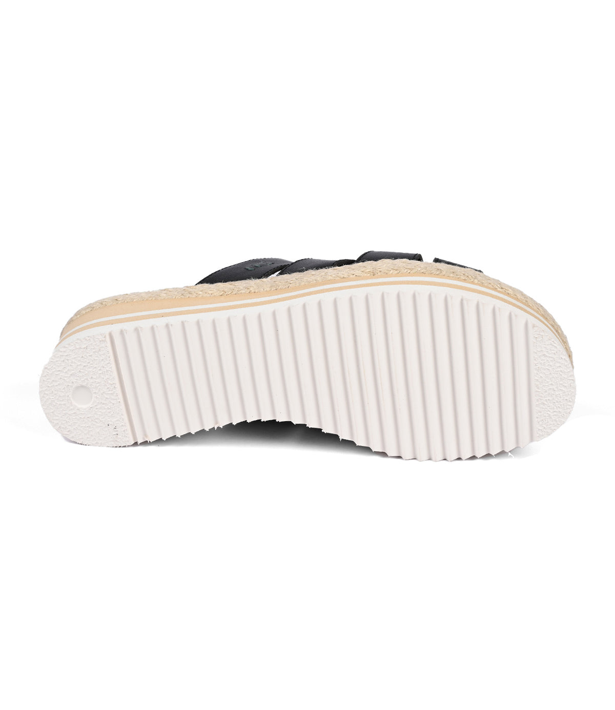 
                  
                    The image displays the bottom view of a Roan Incant black platform slide sandal, featuring a white ribbed sole and a cork midsole for boho-chic appeal.
                  
                