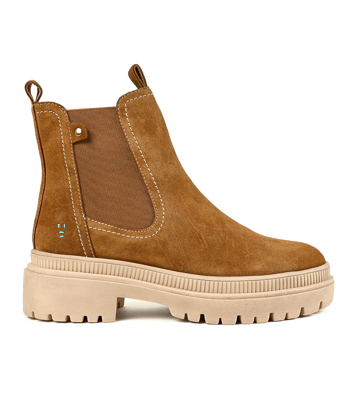 
                  
                    Introducing Indwelt by Roan: a brown suede Chelsea boot featuring beige elastic side panels, convenient pull tabs, white stitching accents, and a thick beige treaded platform sole for effortless slip-on comfort.
                  
                