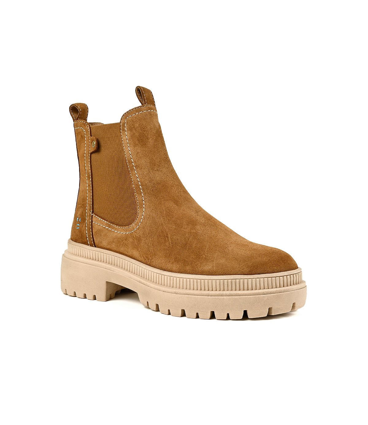 
                  
                    Indwelt by Roan: Chunky suede Chelsea boots with elastic side panels, a slip-on design featuring convenient front and back pull tabs, a beige platform sole, and stylish contrast stitching.
                  
                