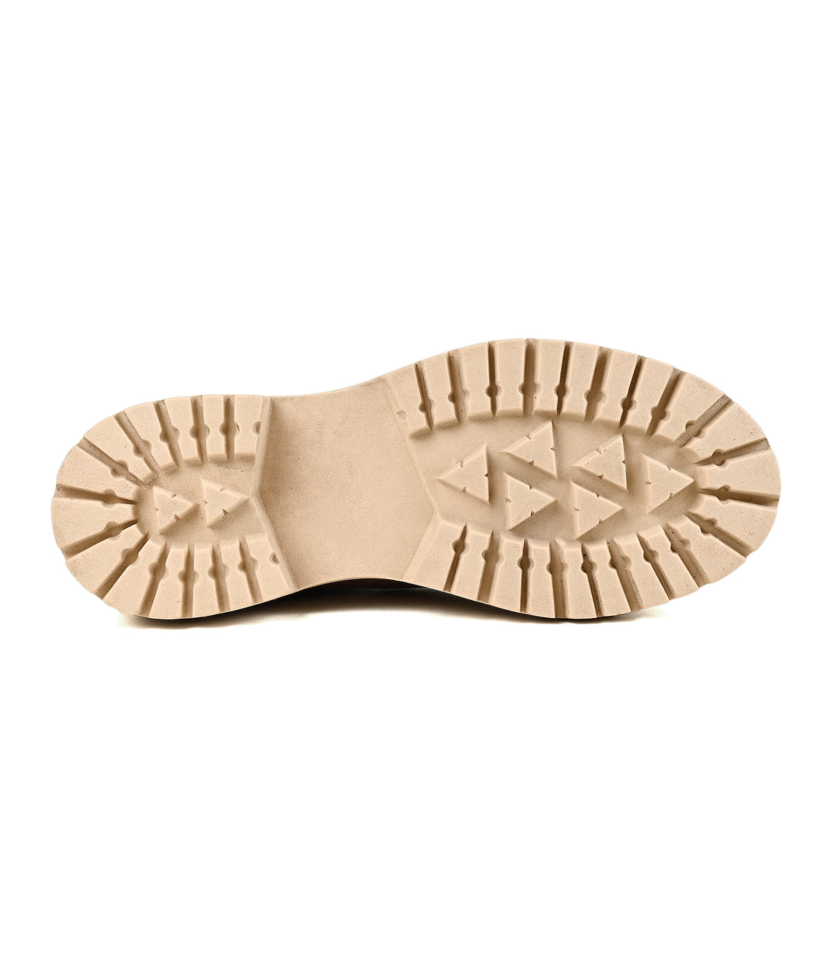 
                  
                    Beige rubber sole of the Roan Indwelt shoe viewed from the bottom, featuring a patterned tread with geometric shapes and textured grip sections—ideal for adding durability to chunky suede Chelsea boots with a comfortable platform sole.
                  
                