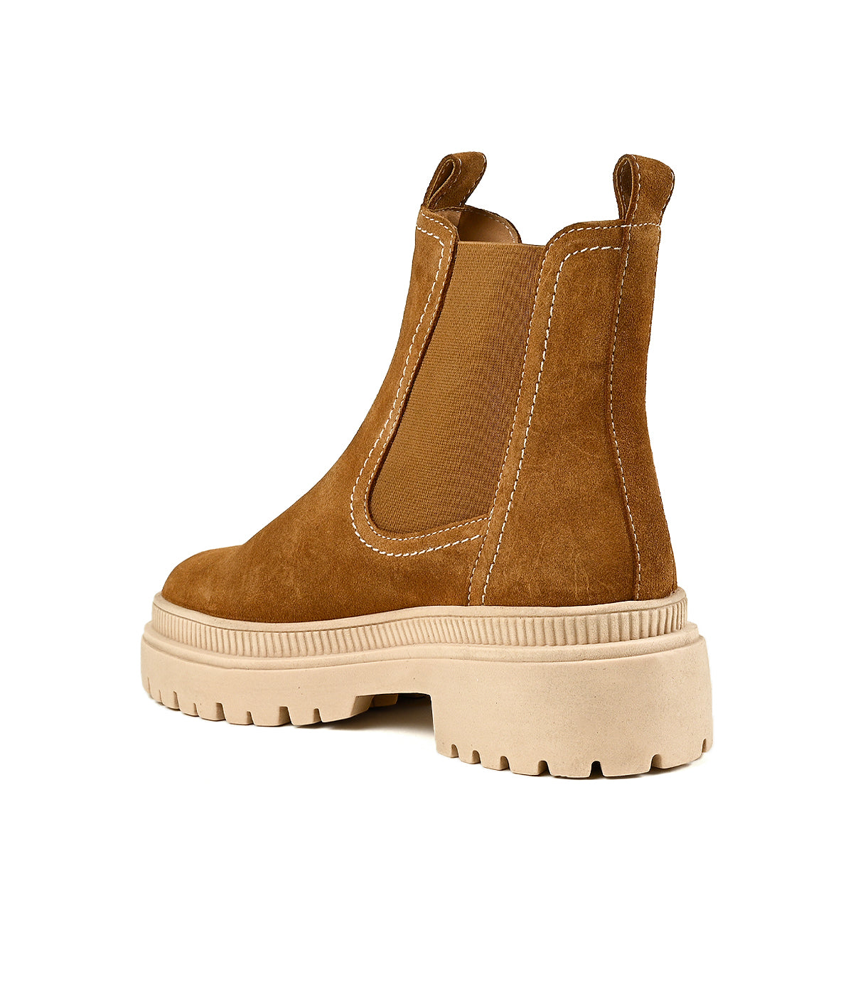 
                  
                    Roan’s Indwelt boot in brown chunky suede features beige elastic side panels and a thick beige lug platform sole, designed in a slip-on Chelsea style and shown from the back right angle on a white background.
                  
                
