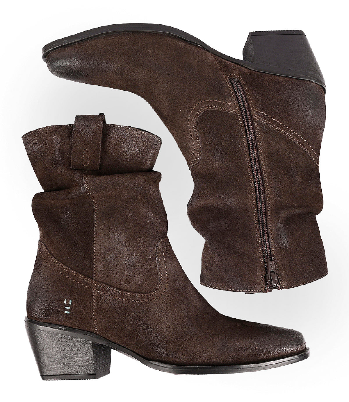 
                  
                    Roan Interaction mid-calf brown slouchy suede boots featuring a side zipper, low stacked heel, and rounded toe, displayed from both side and top angles on a white background.
                  
                
