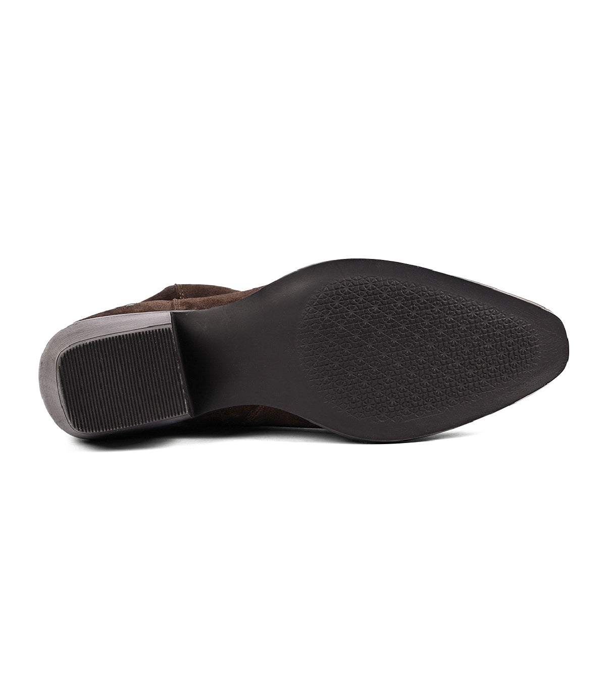 
                  
                    Bottom view of the Roan Interaction dress shoe in brown, featuring a textured rubber sole, stacked heel, and sleek pointed toe.
                  
                