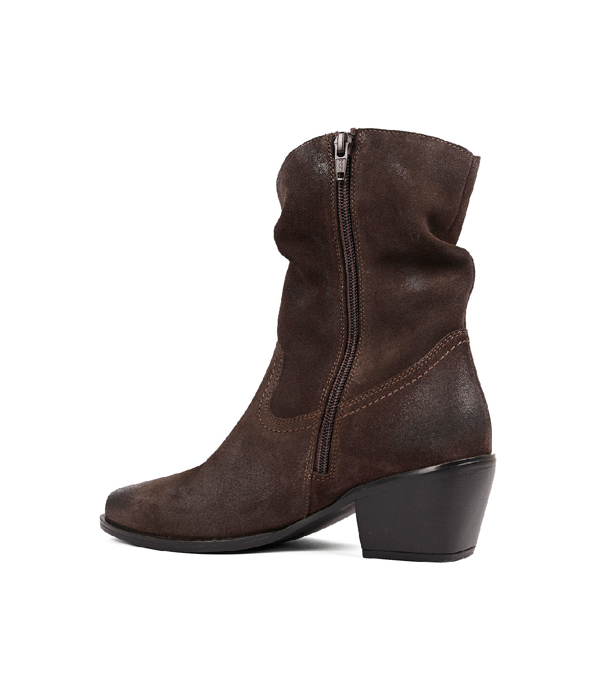 
                  
                    The Roan Interaction boot is a brown slouchy suede mid-calf style featuring a side zipper, low block heel, and a slightly pointed toe, displayed against a white background.
                  
                