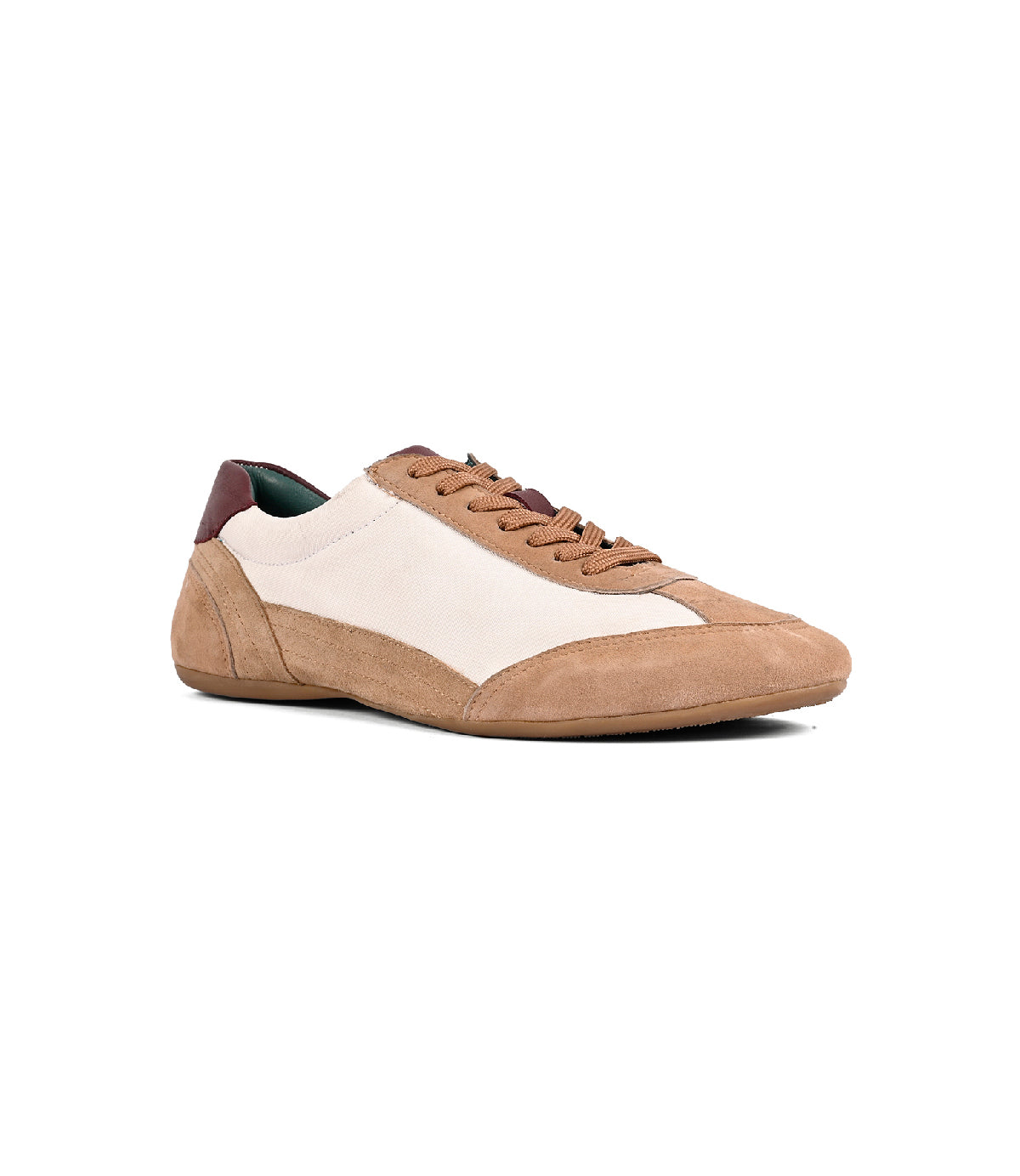 
                  
                    The Roan Keyset is a beige and tan low-profile sneaker in goat suede, featuring a white panel, brown accents, lace-up closure, and a sleek rubber sole.
                  
                
