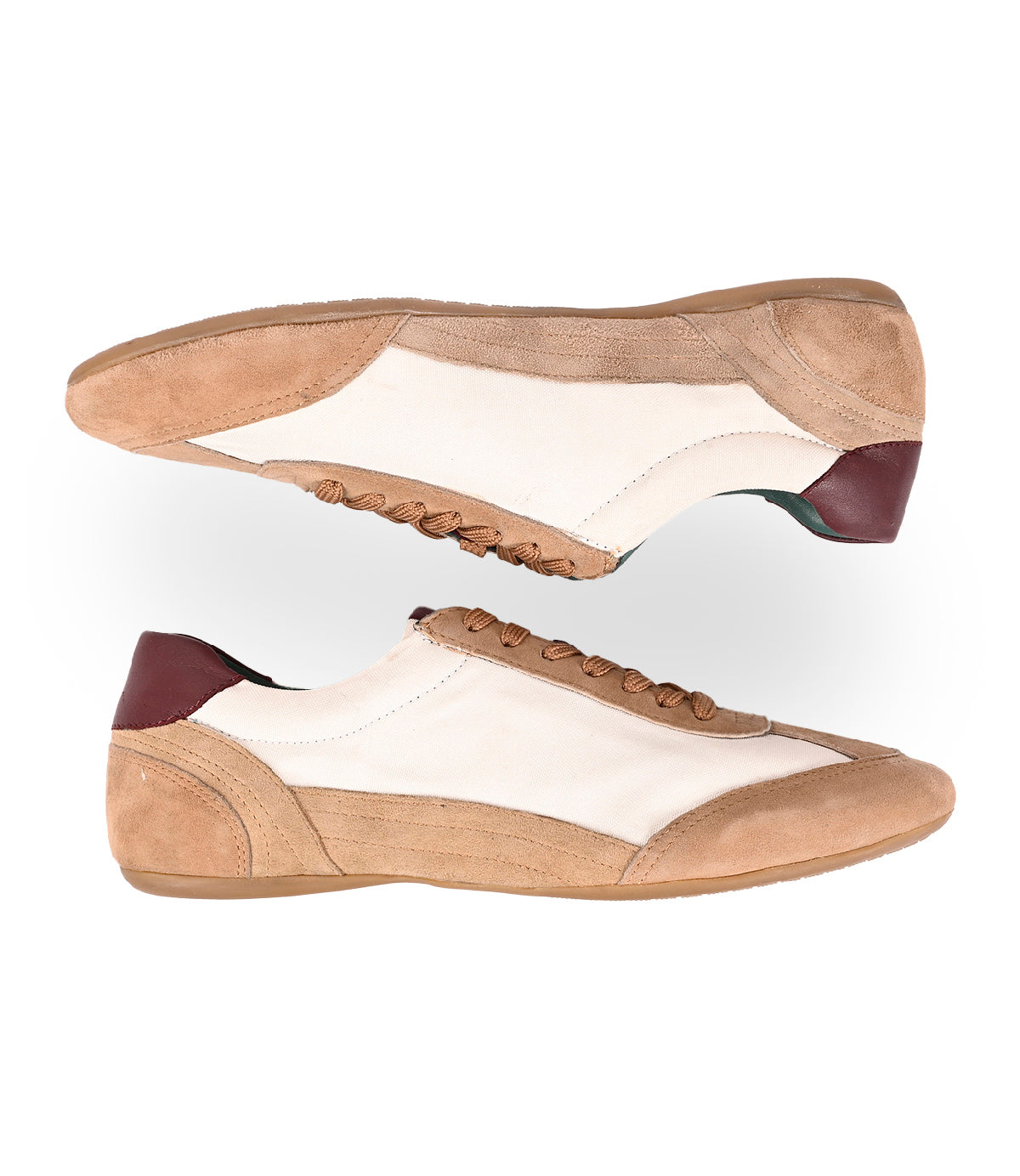 
                  
                    Roan Keyset sneakers feature beige goat suede, white fabric panels, brown laces, and maroon heel accents, shown side by side.
                  
                