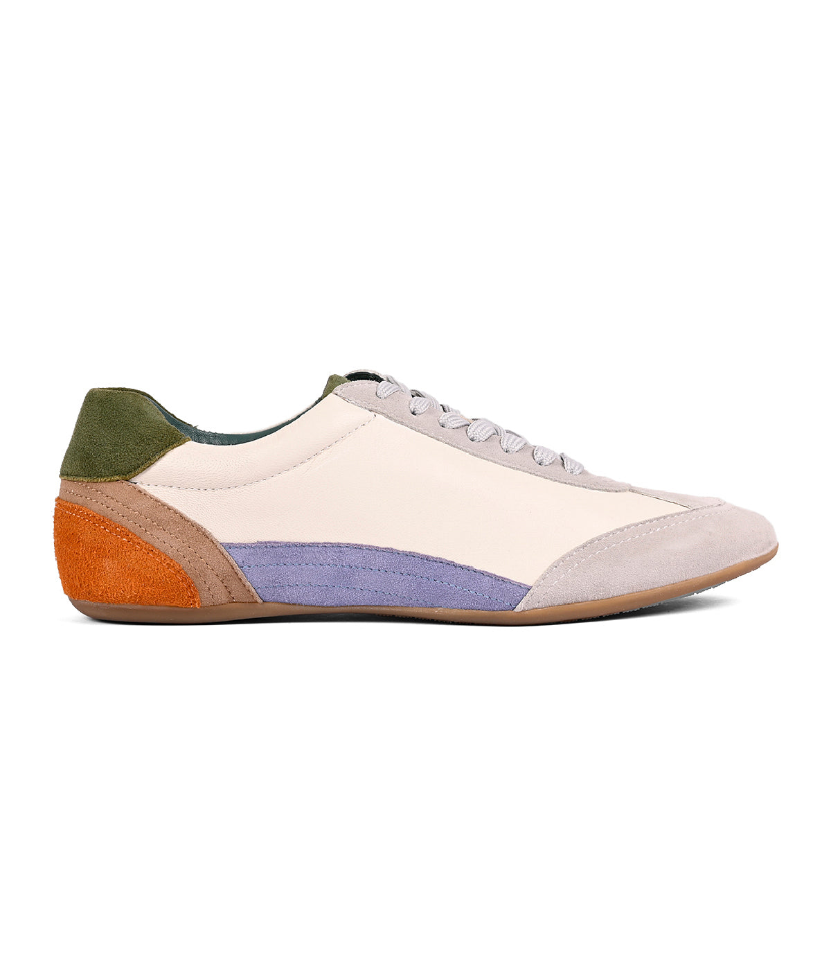 
                  
                    The Roan Keyset is a low-profile sneaker featuring a beige upper, purple and gray side panels, orange and green goat suede accents, gray laces, and a brown rubber sole.
                  
                