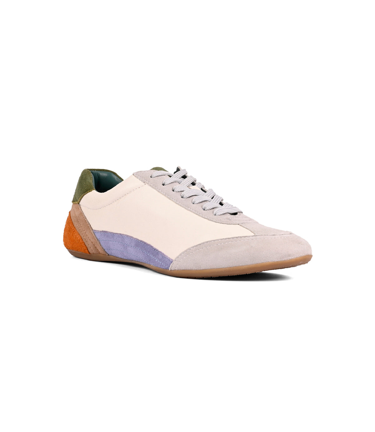 
                  
                    The Roan Keyset is a low-profile sneaker featuring a cream goat suede upper, grey laces and trim, purple side detail, orange and green heel accents, and a brown rubber sole.
                  
                