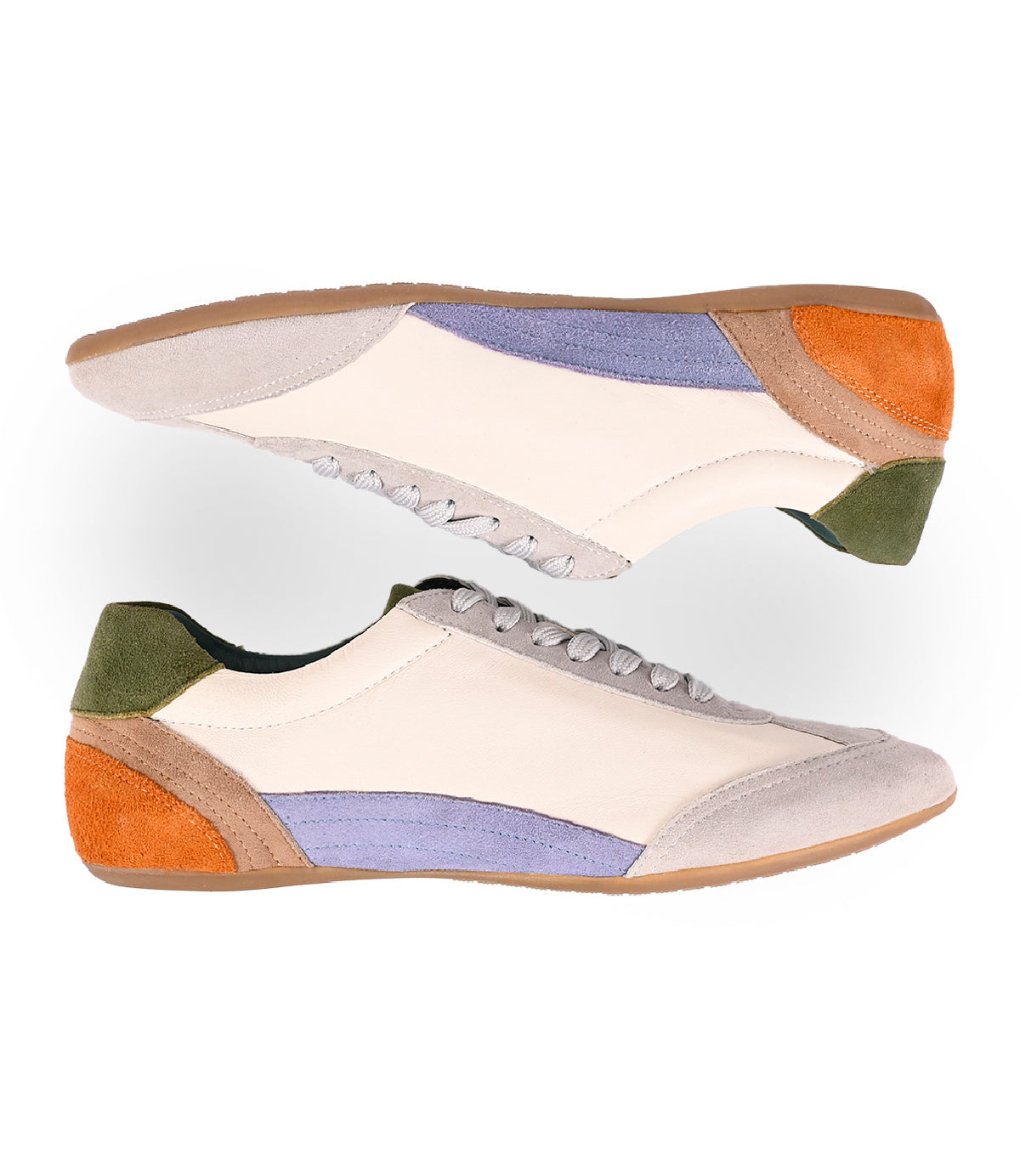 
                  
                    Roan Keyset sneakers are low-top, low-profile shoes featuring white uppers, grey laces, tan soles, and premium goat suede accents in orange, green, purple, and beige.
                  
                
