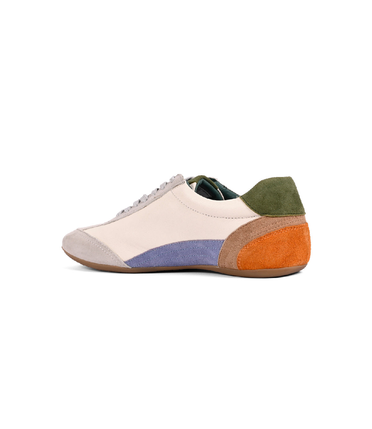 
                  
                    The Roan Keyset is a low-profile sneaker featuring a beige goat suede upper, green heel tab, orange suede heel detail, light purple accent, grey toe, and brown sole—shown from the side.
                  
                