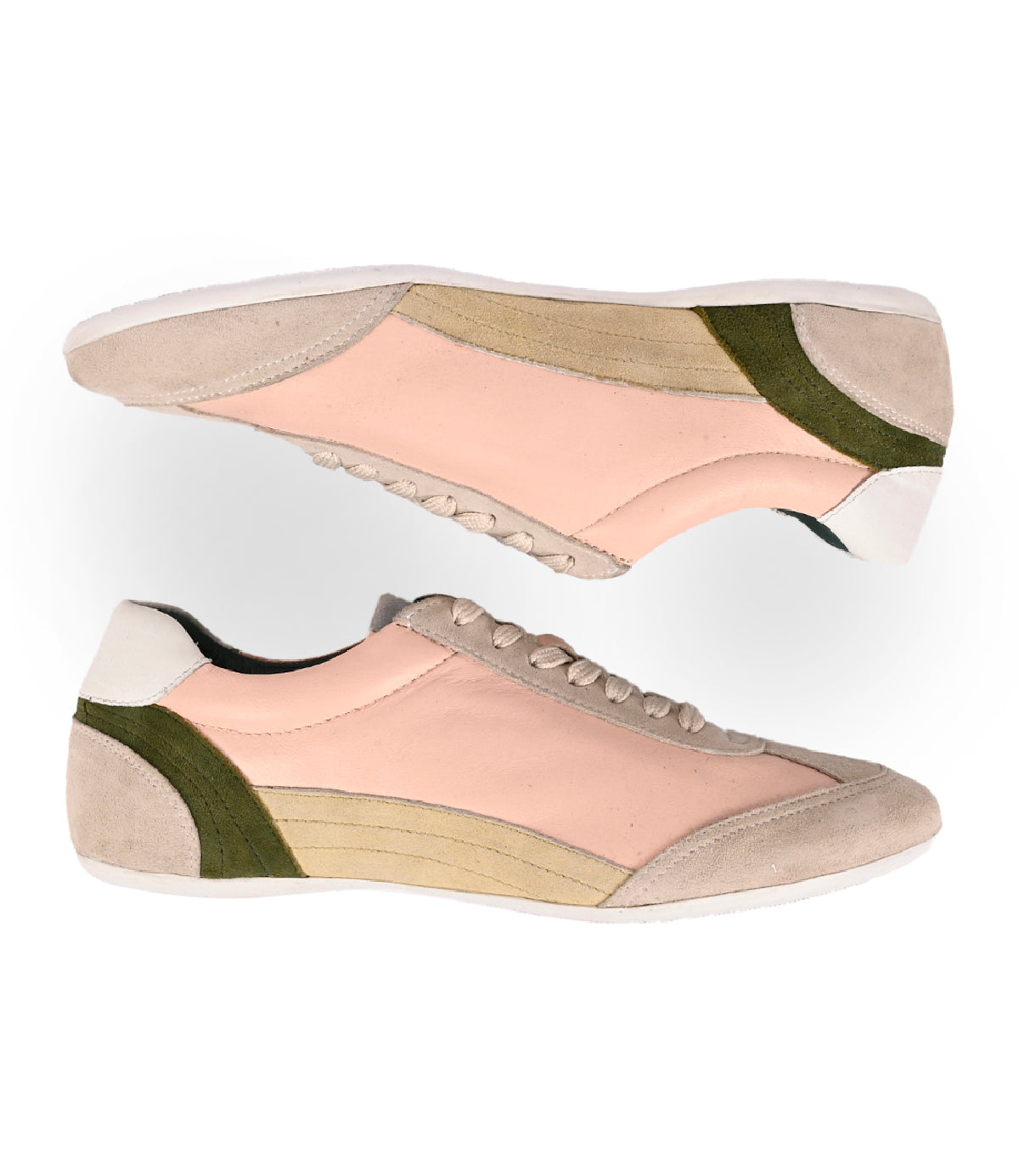 
                  
                    The Roan Keyset sneakers feature pink, beige, and green goat suede panels, beige laces, and white soles. Presented side by side on a white background.
                  
                