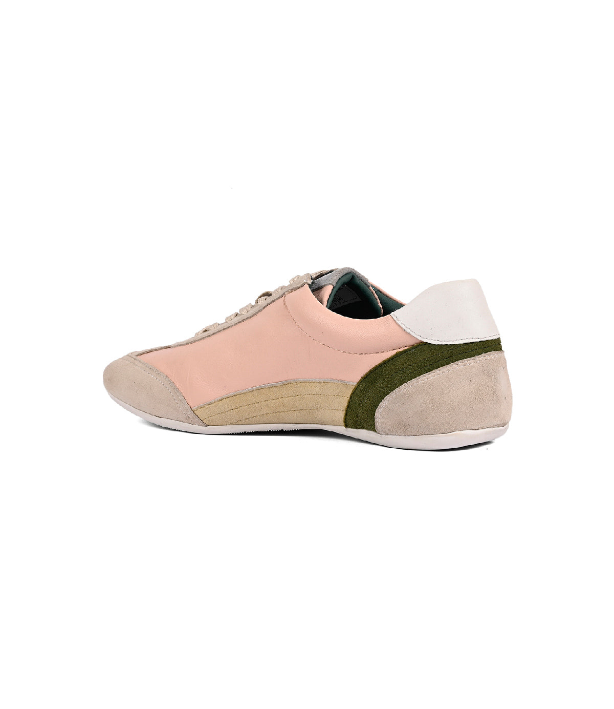 
                  
                    The Roan Keyset is a low-profile sneaker in pink, beige, olive green, and white premium goat suede, shown from the rear side against a white background.
                  
                
