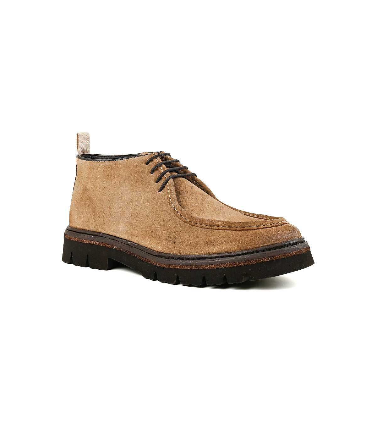 
                  
                    The Roan Kickoff is a tan suede chukka lace-up shoe featuring a moc-toe design, thick black rubber sole, visible stitching, and a pull tab at the heel, shown against a white background.
                  
                