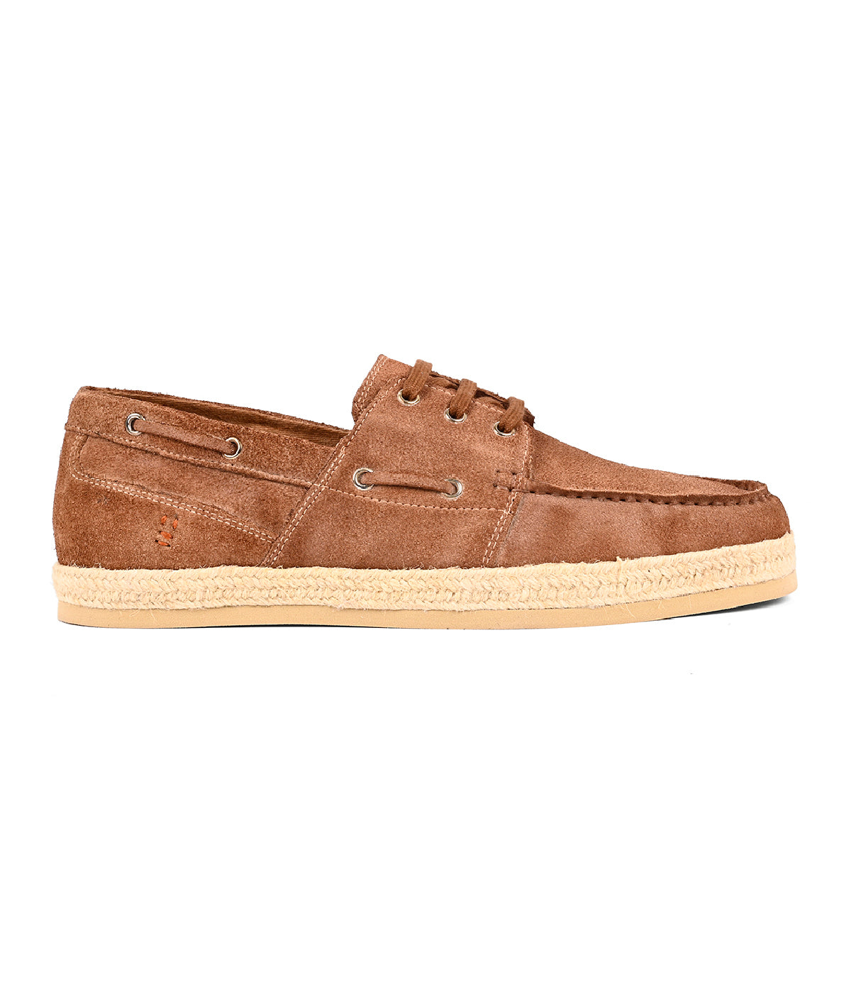 The Roan Knower boat shoe features a brown washed suede upper, lace-up front with metallic eyelets, moc toe stitching, and a beige espadrille-style sole, displayed in profile on a white background.