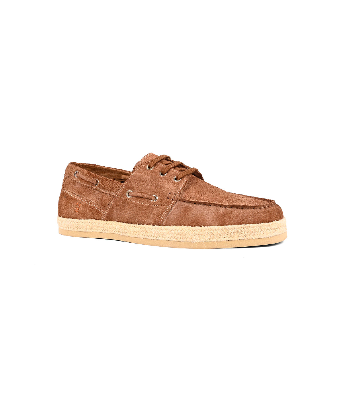The Roan Knower is a brown washed suede boat shoe featuring a lace-up front, side eyelets, cushioned footbed, and beige rubber sole—stylish comfort displayed on a white background.