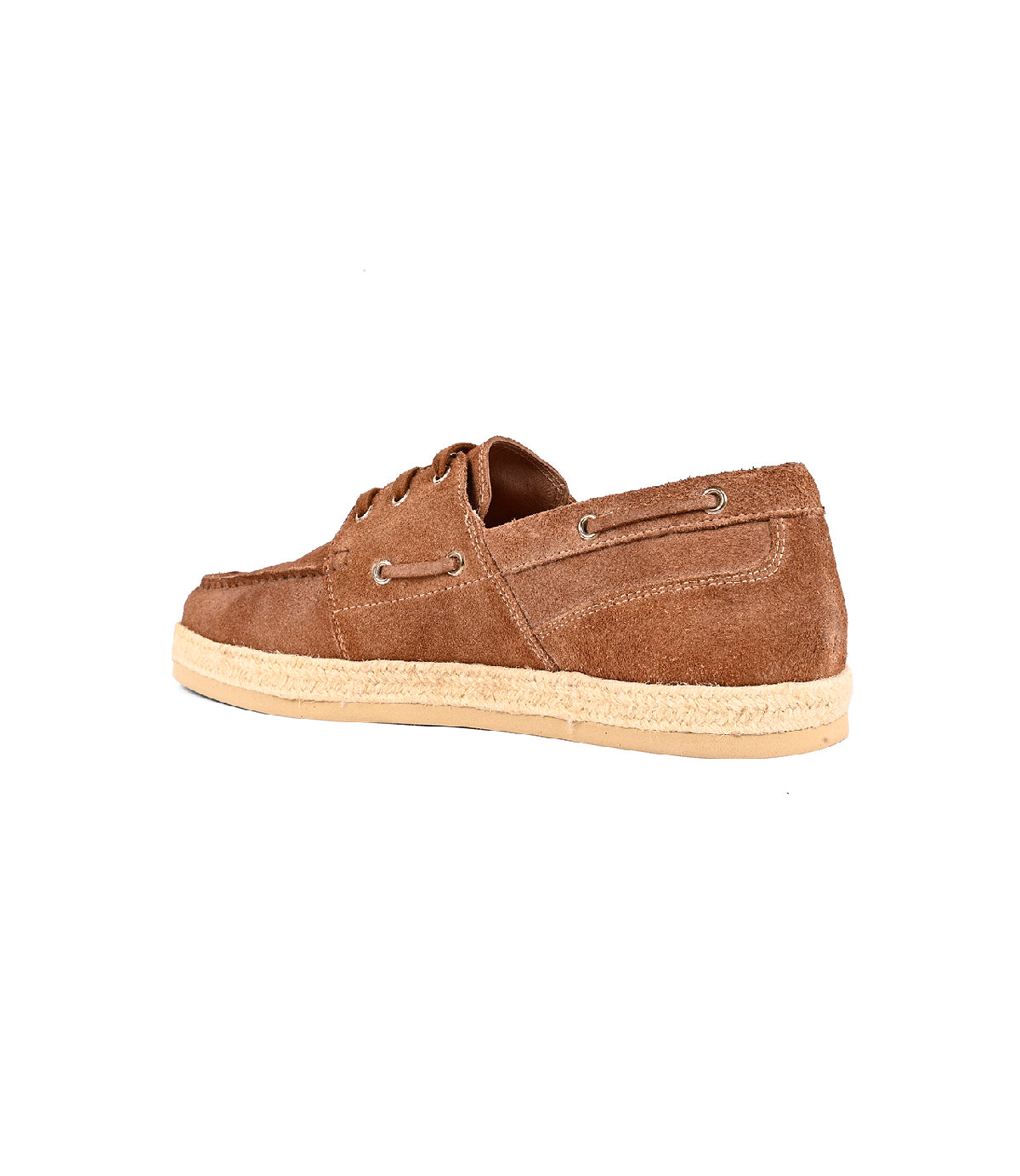 
                  
                    The Roan Knower is a brown boat shoe with a washed suede upper, lace-up detail, white stitching, light tan rubber sole, and cushioned footbed for comfort; shown from the side on a white background.
                  
                