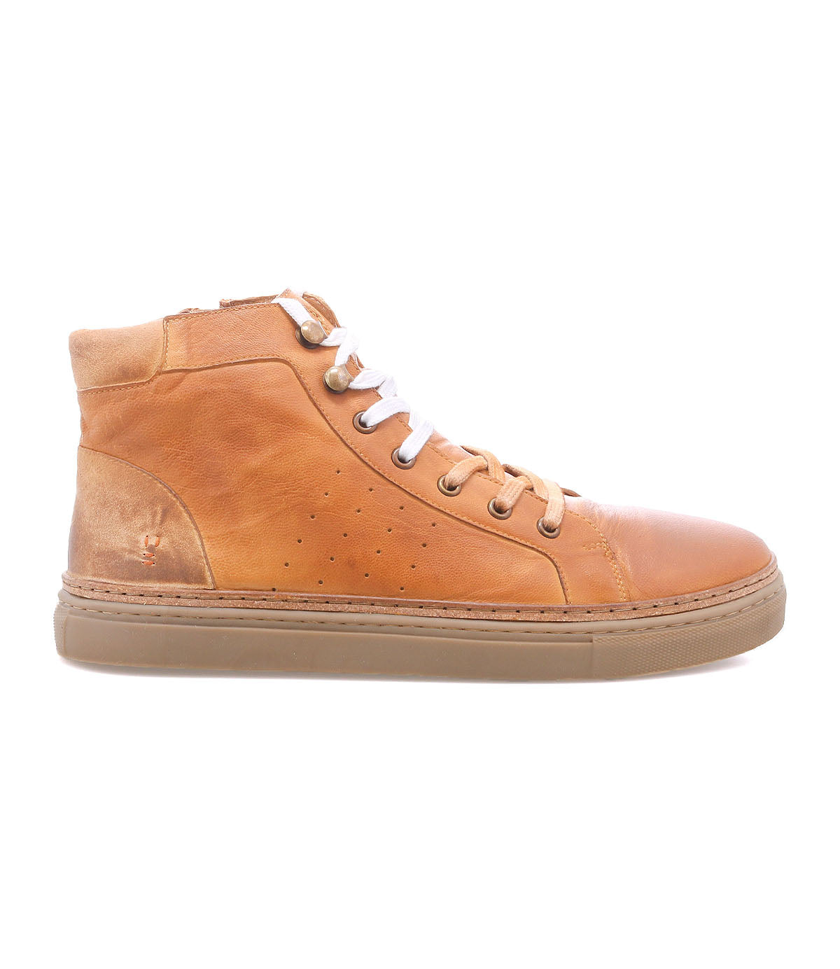 Roan Mac II tan leather high-top sneakers featuring a padded collar, white laces, side perforations, and a light brown solid rubber outsole, displayed in a left side profile view against a white background.